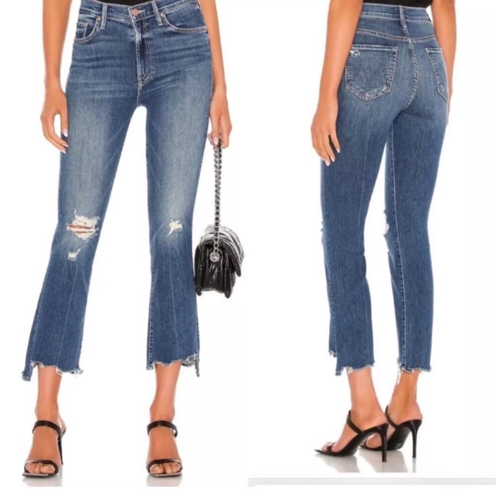 MOTHER Blue Cropped Distressed Jeans